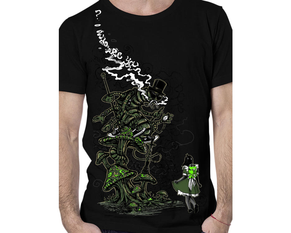 man t-shirt in black with a digital Alice in Wonderland print 